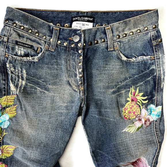Auc D&G Distressed Embroidered Studded HAWAII TROPICAL Flare jeans - Picture 6 of 16